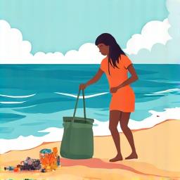 Illustration af en person der samler affald på en strand