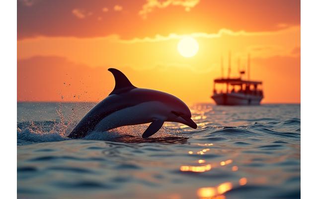 Delfin hopper ud af vandet i solnedgang, med en lille båd i baggrunden