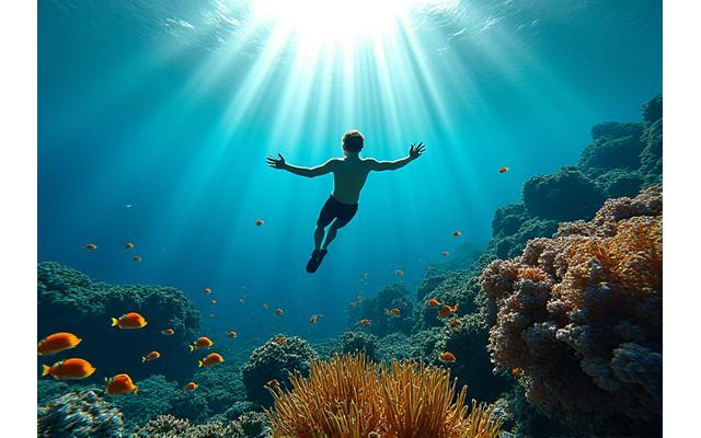 Person snorkler over et farverigt koralrev med mange fisk
