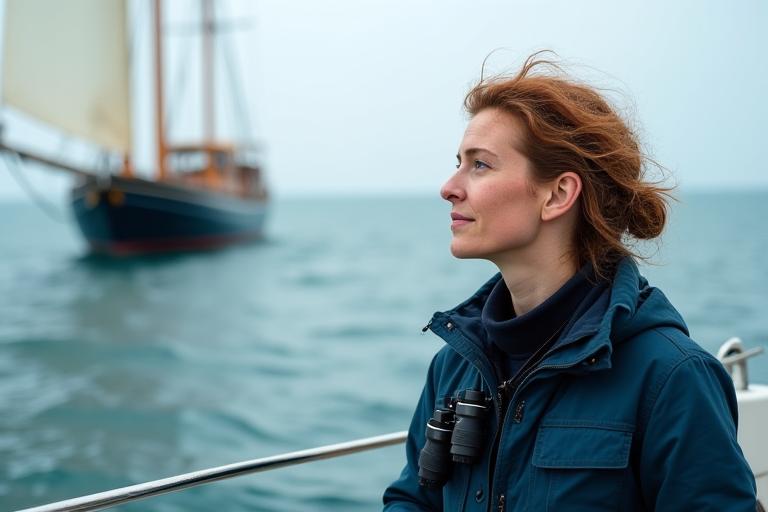 Sofia Andersen, grundlægger af Nordhav Travel, kigger ud over et roligt hav fra en båd